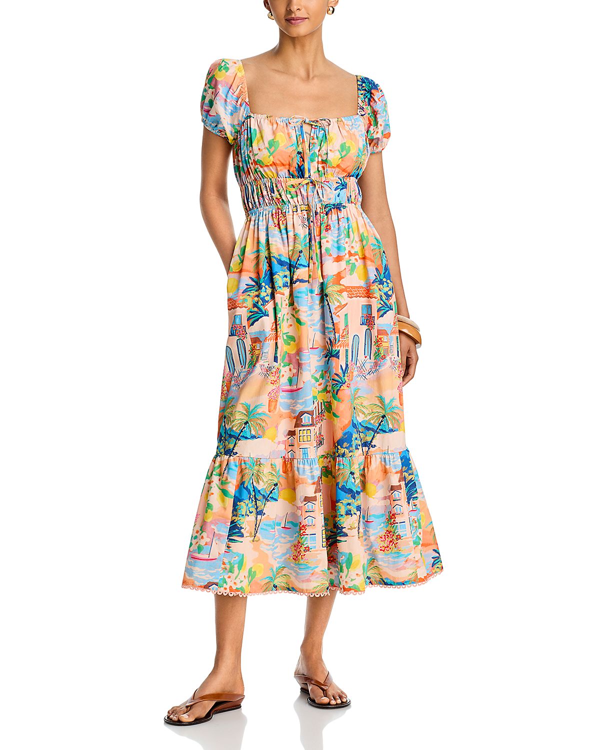 Aqua Villa Print Puff Sleeve Midi Dress - Exclusive