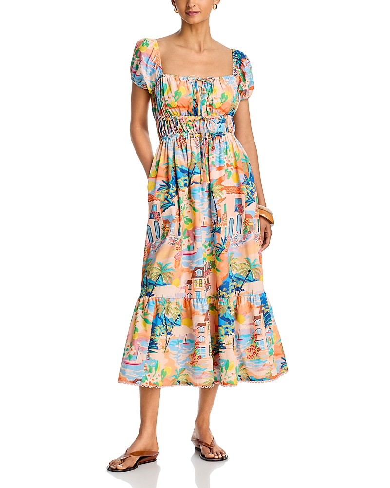Aqua Villa Print Puff Sleeve Midi Dress - Exclusive