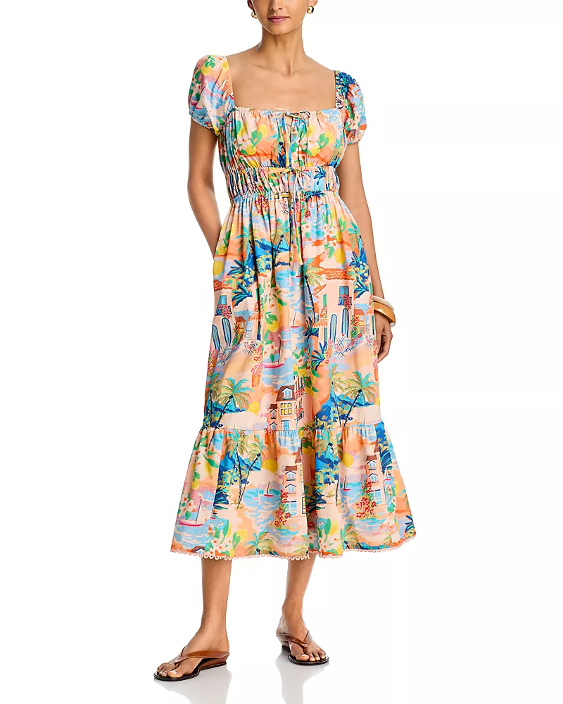 Aqua Villa Print Puff Sleeve Midi Dress - Exclusive