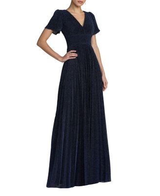 Petite Pleated Metallic Flutter Sleeve A Line Gown