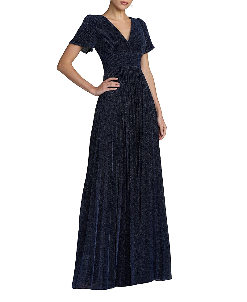 Mac Duggal Petite Pleated Metallic Flutter Sleeve A Line Gown