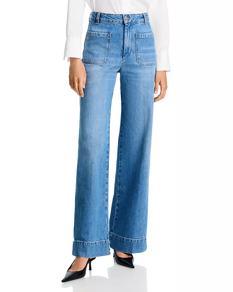 Victoria Beckham Alina High Rise Wide Leg Jeans in Worn Blue Wash