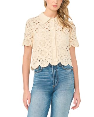 Collared Short Sleeve Crochet Top