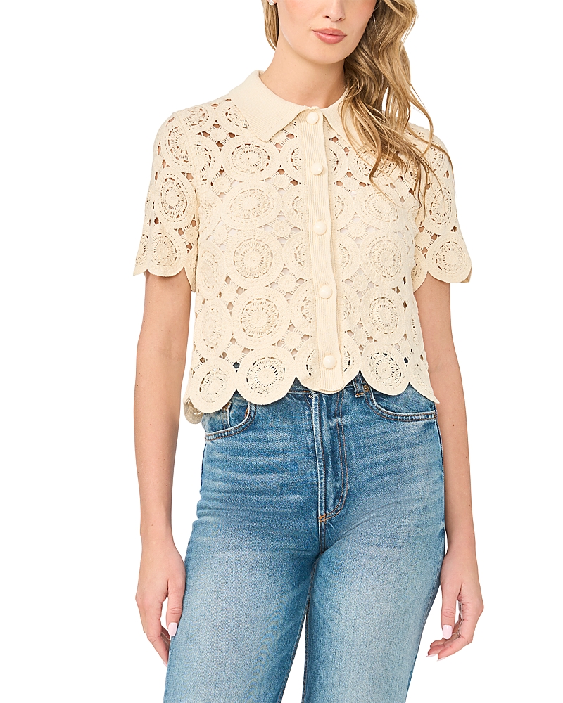 CeCe Collared Short Sleeve Crochet Top