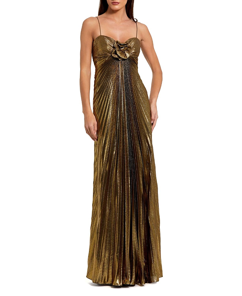 Mac Duggal Petite Pleated Metallic Gown with Thin Straps and 3D Floral Detail