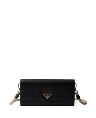 Prada Leather Wallet With Shoulder Strap In Black