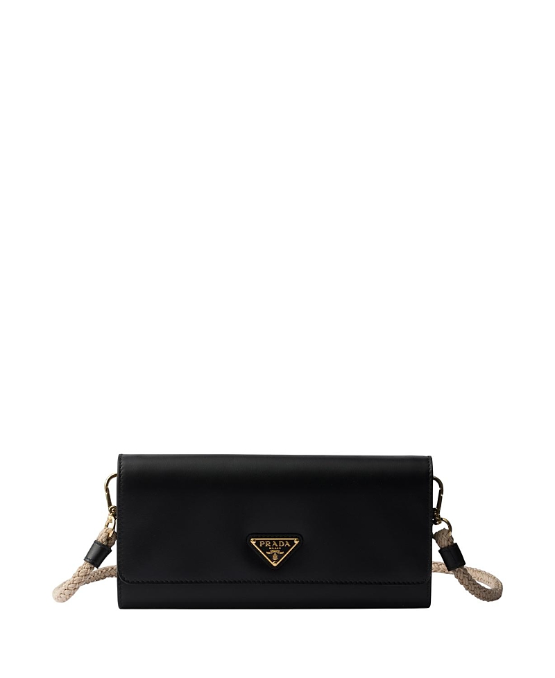 Prada Leather Wallet With Shoulder Strap In Black