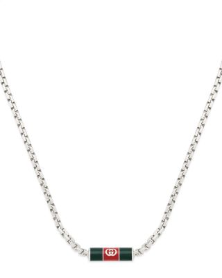 Sterling Silver Gucci Web Red & Green Enamel Logo Cylindrical Pendant Necklace, 17.7-19.7"