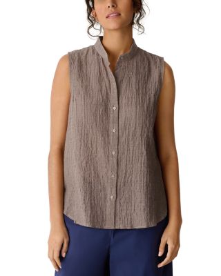 Cotton Microstripe Pucker Sleeveless Shirt