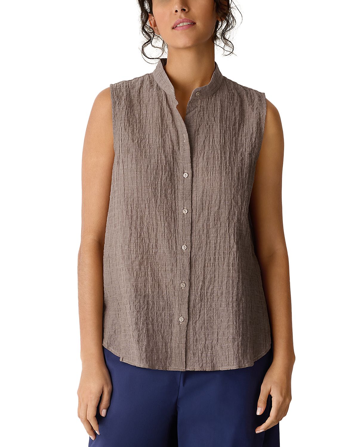 Eileen Fisher Cotton Microstripe Pucker Sleeveless Shirt