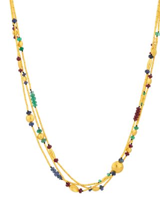 18K & 24K Yellow Gold Rain Multi Gemstone Triple Strand Collar Necklace, 16-17.75"