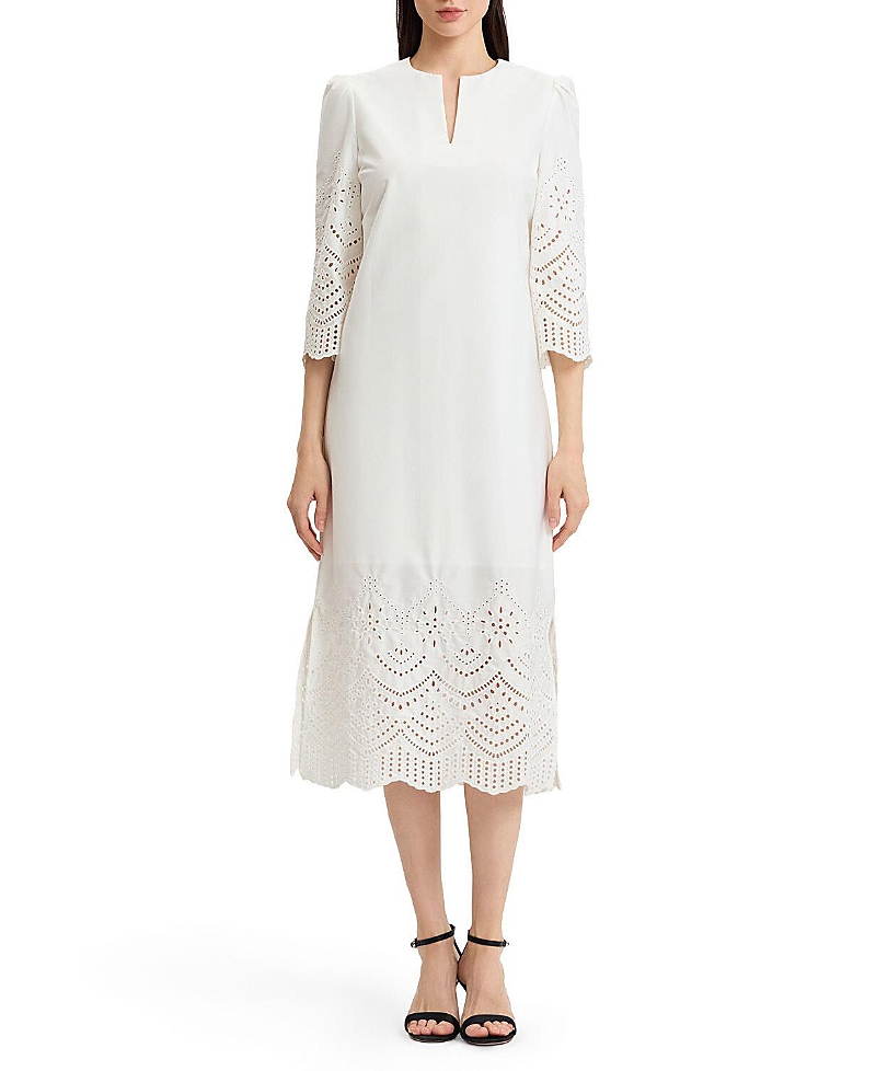 Ming Wang Lined Eyelet Straight Cotton Maxi Dress