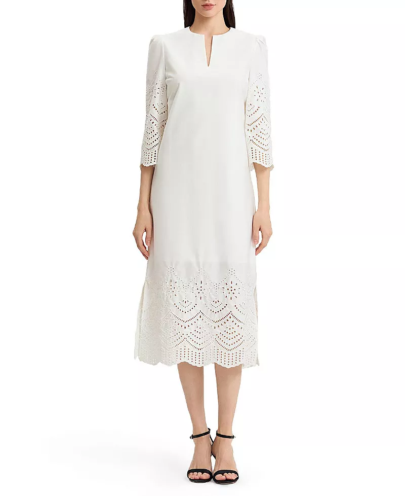 Ming Wang Lined Eyelet Straight Cotton Maxi Dress