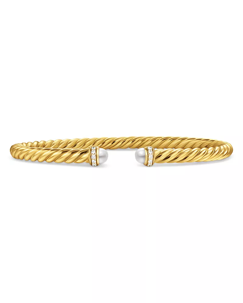 David Yurman Cablespira Flex Bracelet in 18K Yellow Gold with Pearls and Diamonds, 4mm