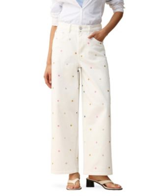 High Rise Flower Embroidered Wide Leg Jeans in White