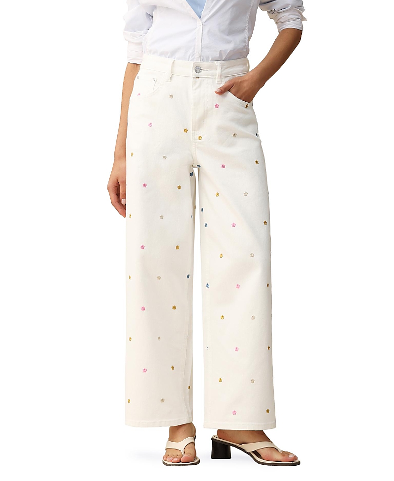 Bayeas High Rise Flower Embroidered Wide Leg Jeans in White