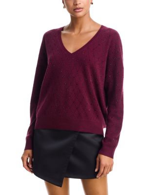 100% Cashmere Embellished V Neck Sweater - Exclusive