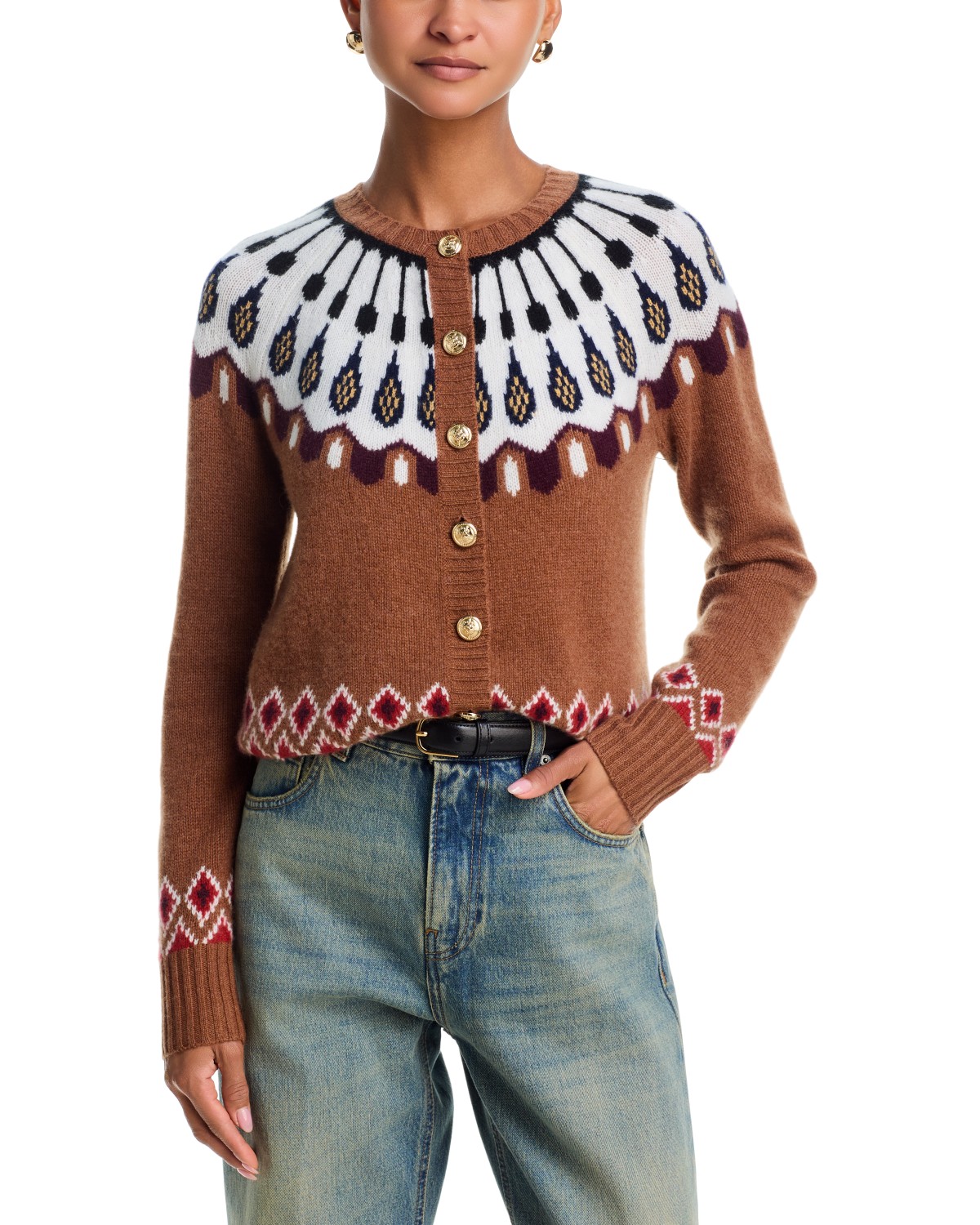 100% Cashmere Crewneck Fair Isle Cardigan Sweater - Exclusive