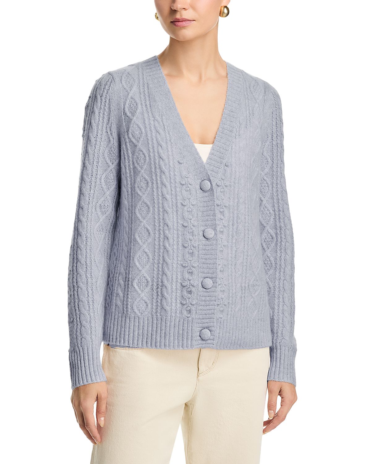 C by Bloomingdale's Cashmere High Low V Neck Allover Pom Cashmere Cardigan - Exclusive