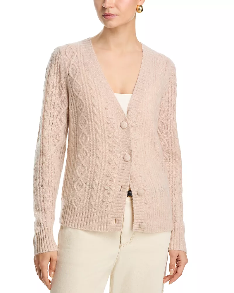 C by Bloomingdale's Cashmere High Low V Neck Allover Pom Cashmere Cardigan - Exclusive
