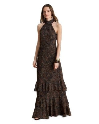 Paisley Georgette Tiered Mockneck Gown