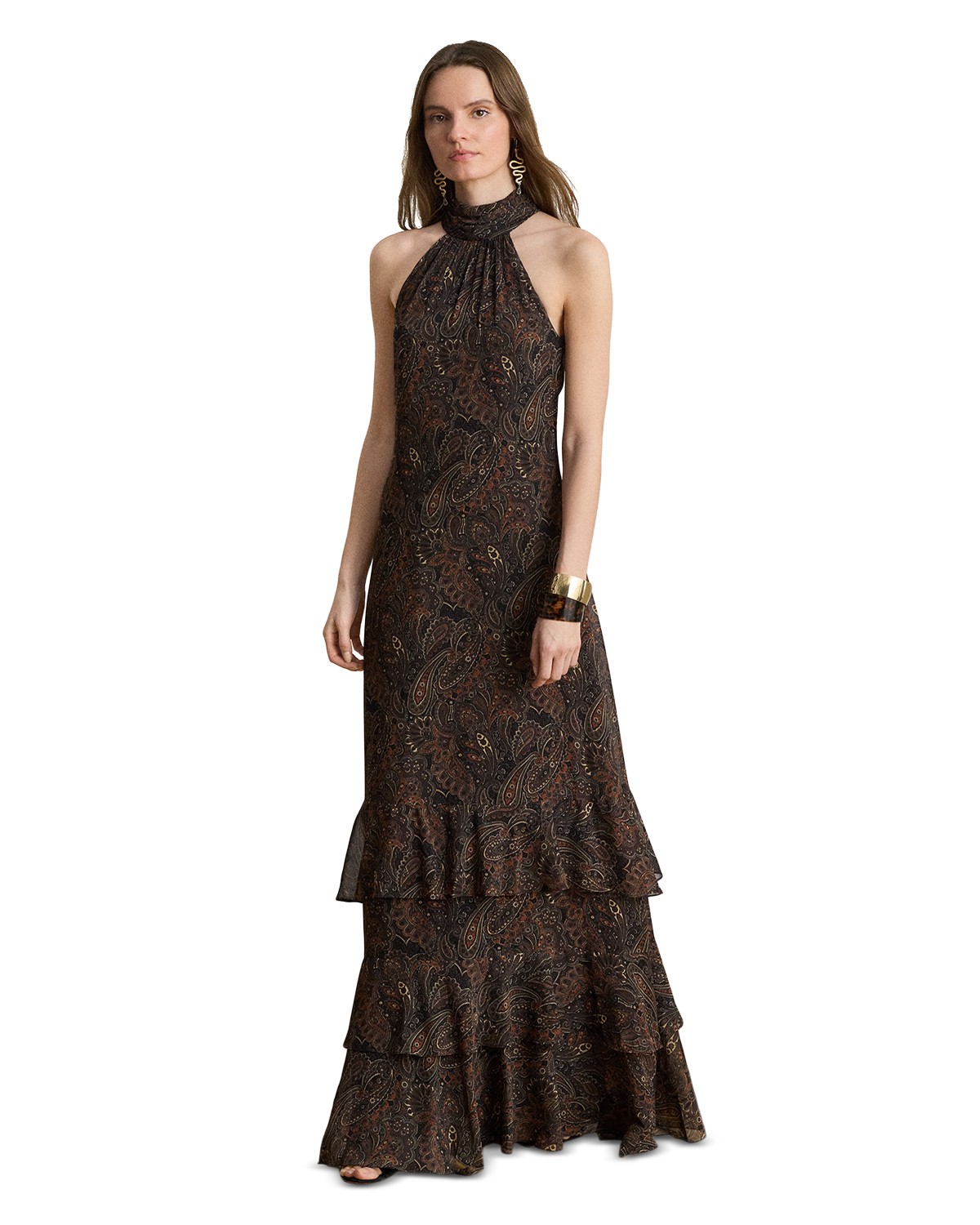 Paisley Georgette Tiered Mockneck Gown