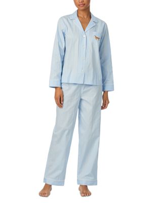 Dog Embroidery Textured Woven Long Sleeve Notch Collar Long Pant Pajama Set