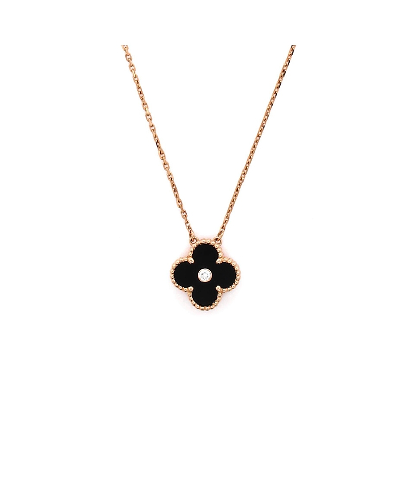 Pre-Owned Van Cleef & Arpels Vintage Alhambra Pendant Necklace 18K Rose Gold and Onyx with Diamond, 16.5