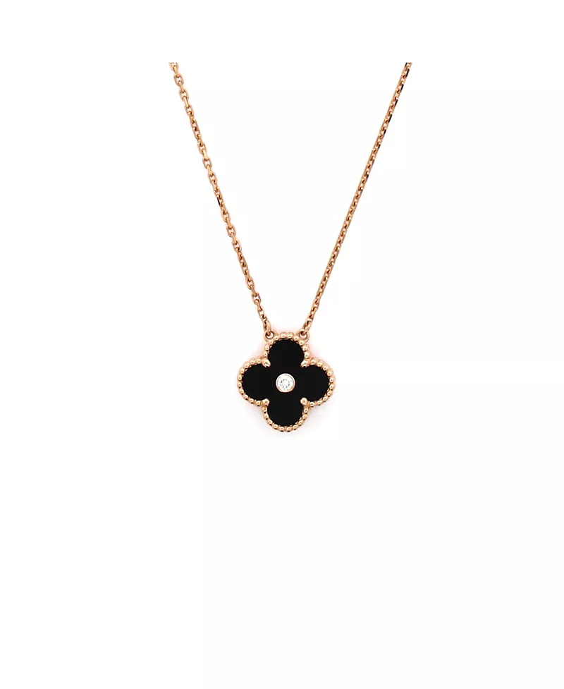 Pre-Owned Van Cleef & Arpels Vintage Alhambra Pendant Necklace 18K Rose Gold and Onyx with Diamond, 16.5