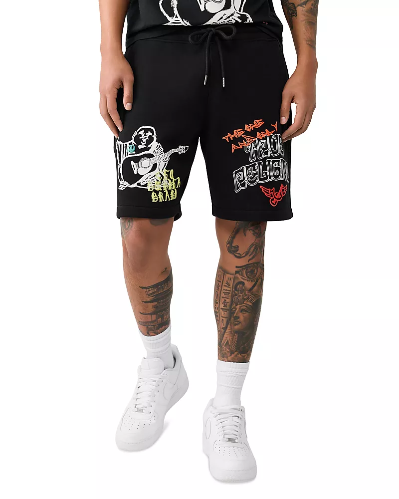 True Religion 8 Logo Graphic Fleece Drawstring Shorts