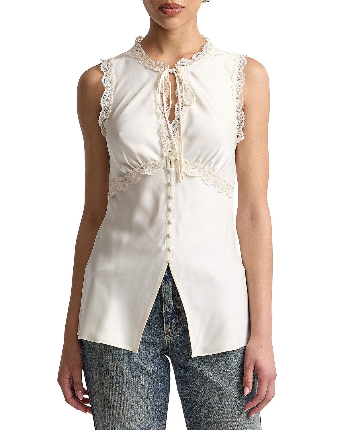 Avec Les Filles Satin Empire Waist Cutaway Top
