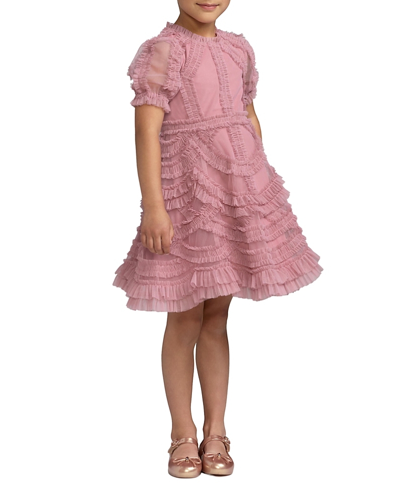 Mac Duggal Girls' Mesh Ruffle A Line Midi Dress - Little Kid, Big Kid