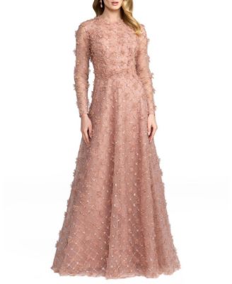  High Neck Long Sleeve Embellished A-Line Gown