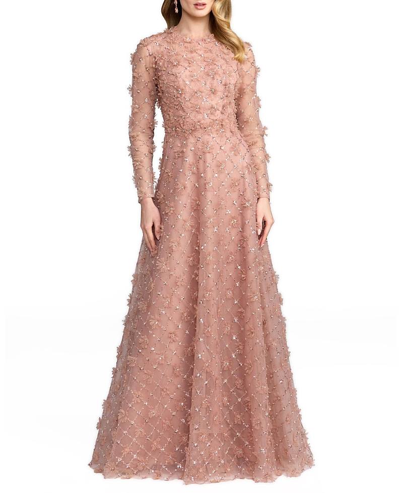 Mac Duggal High Neck Long Sleeve Embellished A-Line Gown