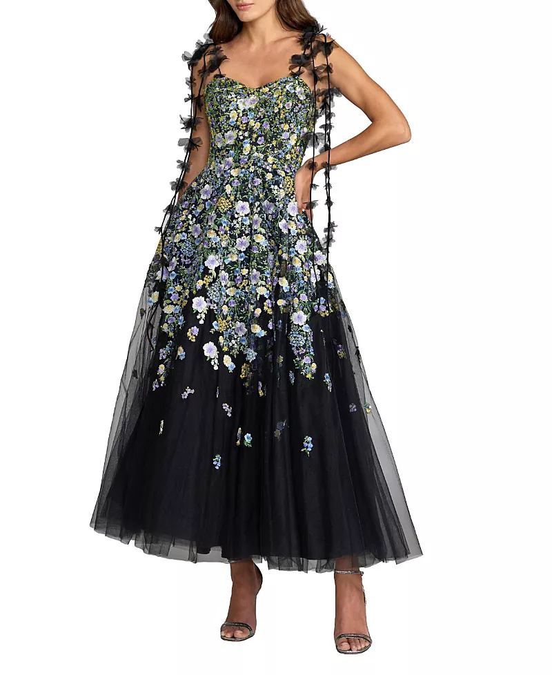 Mac Duggal Floral Embroidered Sweetheart Neck A-Line Dress