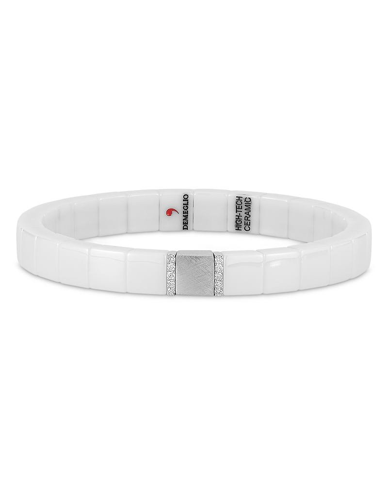 Demeglio 18K White Gold Scacco Diamond White Ceramic Stretch Bracelet, 1.86 tcw