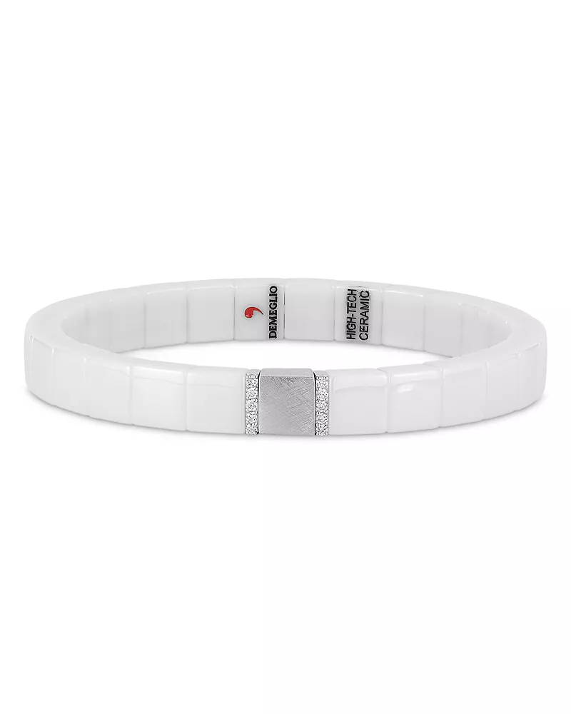 Demeglio 18K White Gold Scacco Diamond White Ceramic Stretch Bracelet, 1.86 tcw