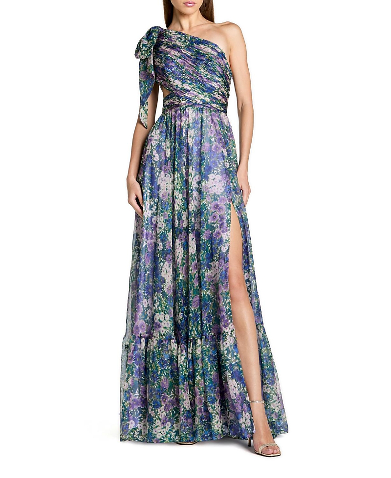 Mac Duggal Petite One Shoulder Floral Printed Chiffon Side Cut Out Gown