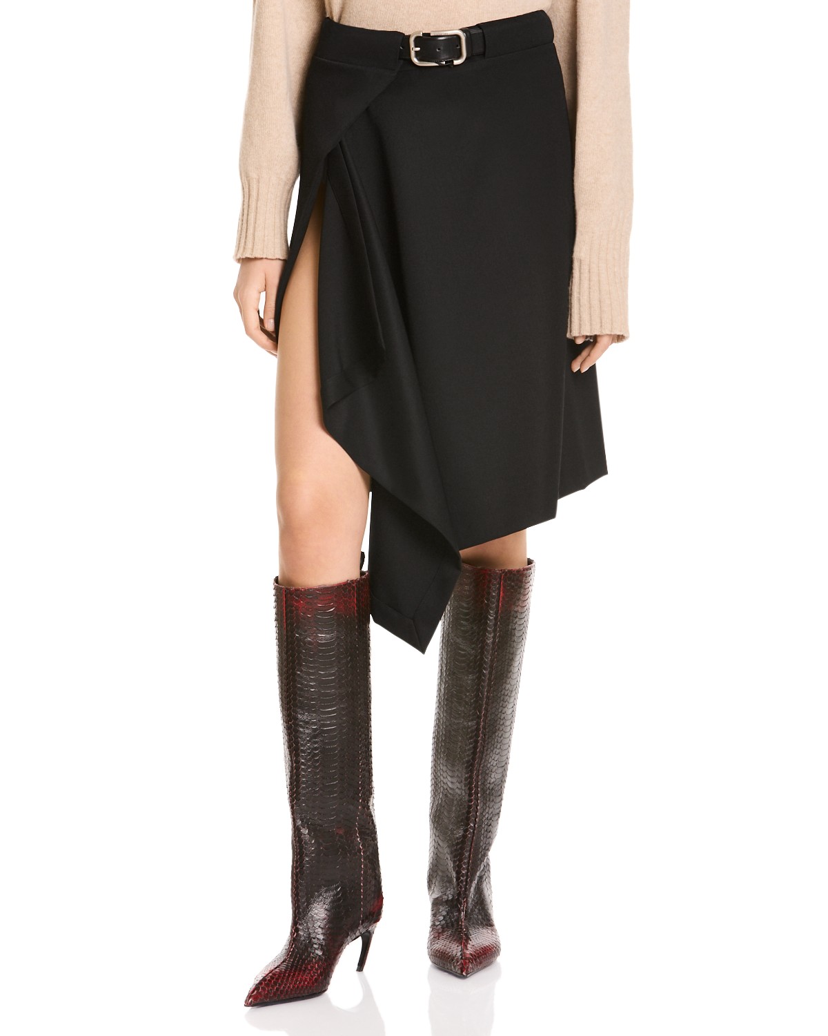 The Attico Belted Wool Asymmetric Midi Skirt in Black
