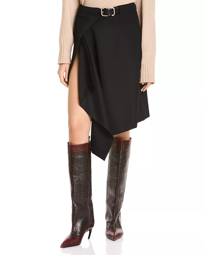The Attico Belted Wool Asymmetric Midi Skirt