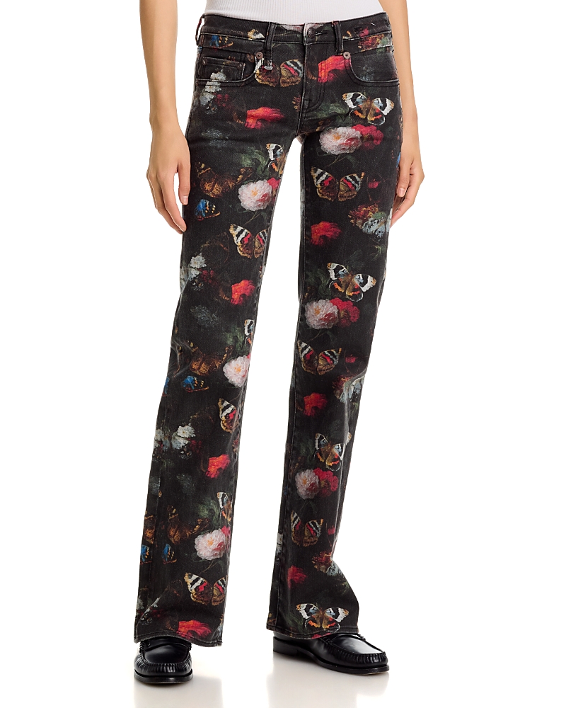 R13 Boy Low Rise Flare Jeans in Pink Stretch Floral Butterfly