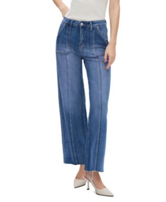 High Rise Straight Leg Raw Edge Denim Jeans Stretch Comfortable in Bluelover