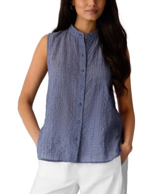 Eileen Fisher Cotton Microstripe Pucker Sleeveless Shirt