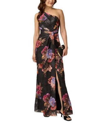 One Shoulder Printed Floral Chiffon Gown