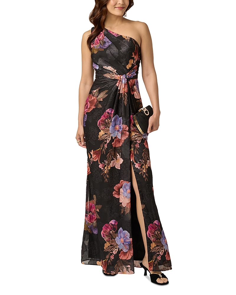 Adrianna Papell One Shoulder Printed Floral Chiffon Gown