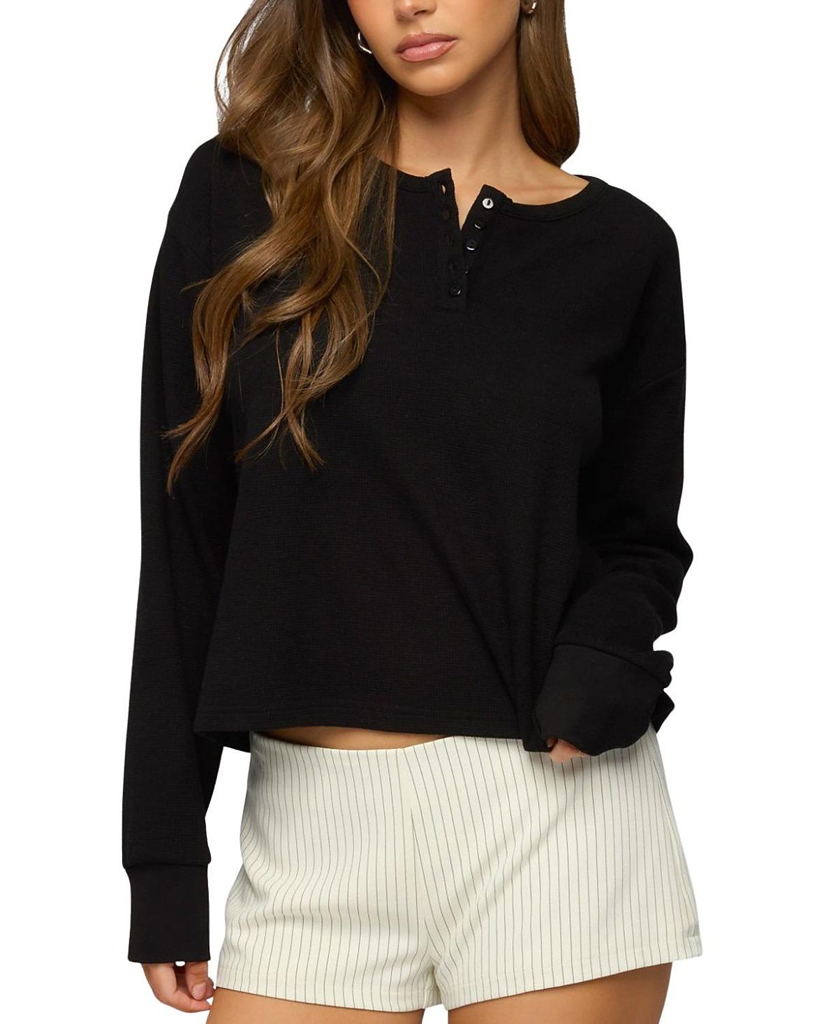 Edikted Deni Long Sleeve Henley Waffle Top