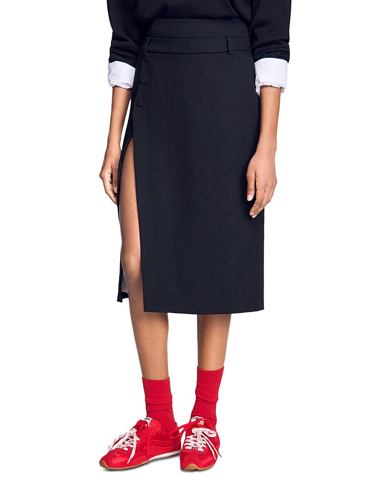 Sandro Mid Length Slit Wool Skirt