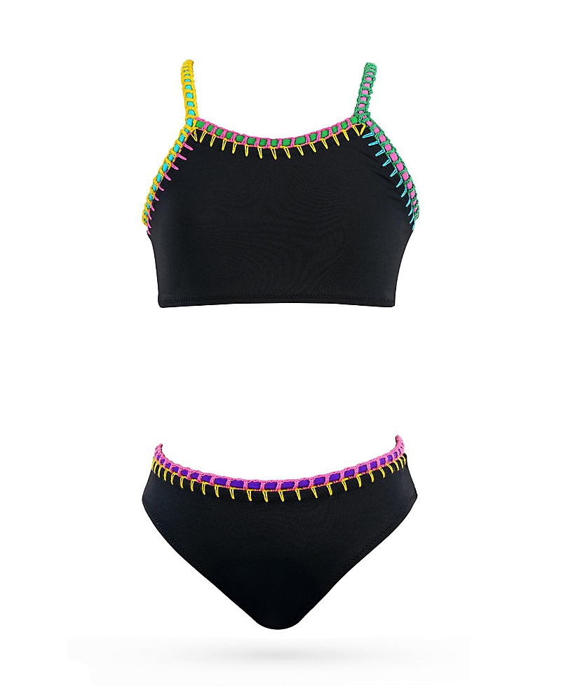 Nessi Byrd Girls' Bandeau Embroidery Trim Two-Piece Swimsuit - Little Kid, Big Kid