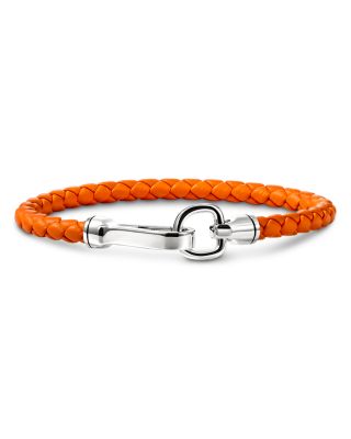 Men's Sterling Silver Leather Woven Hook Clasp Bracelet