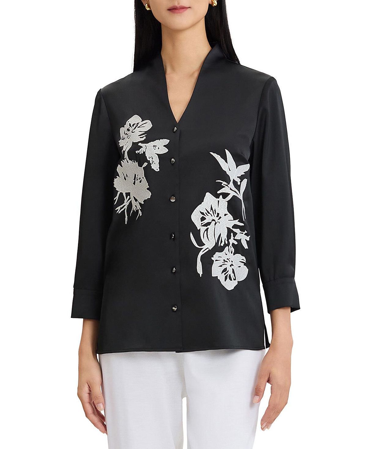 Misook Embroidered Crepe de Chine Blouse